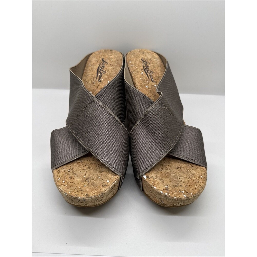 LUCKY BRAND brown metallic bronze stretch Wedge  platform cork sole Sandals 8 - Picture 2 of 11